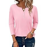 PGANDS Women's 3/4 Length Sleeve T Shirts Button Down Scoop Neck Casual Tops
