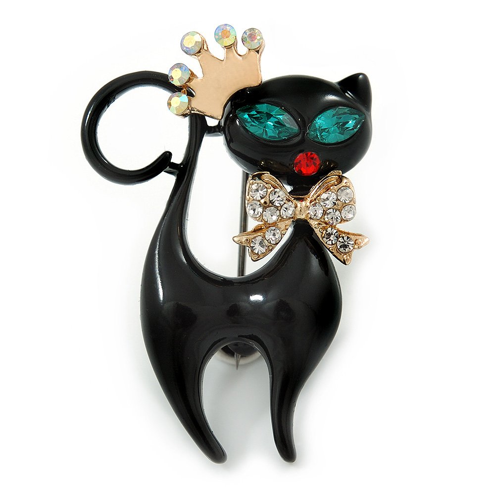 Princess Kitty Black Enamel With Green Eyes Brooch - 40mm L