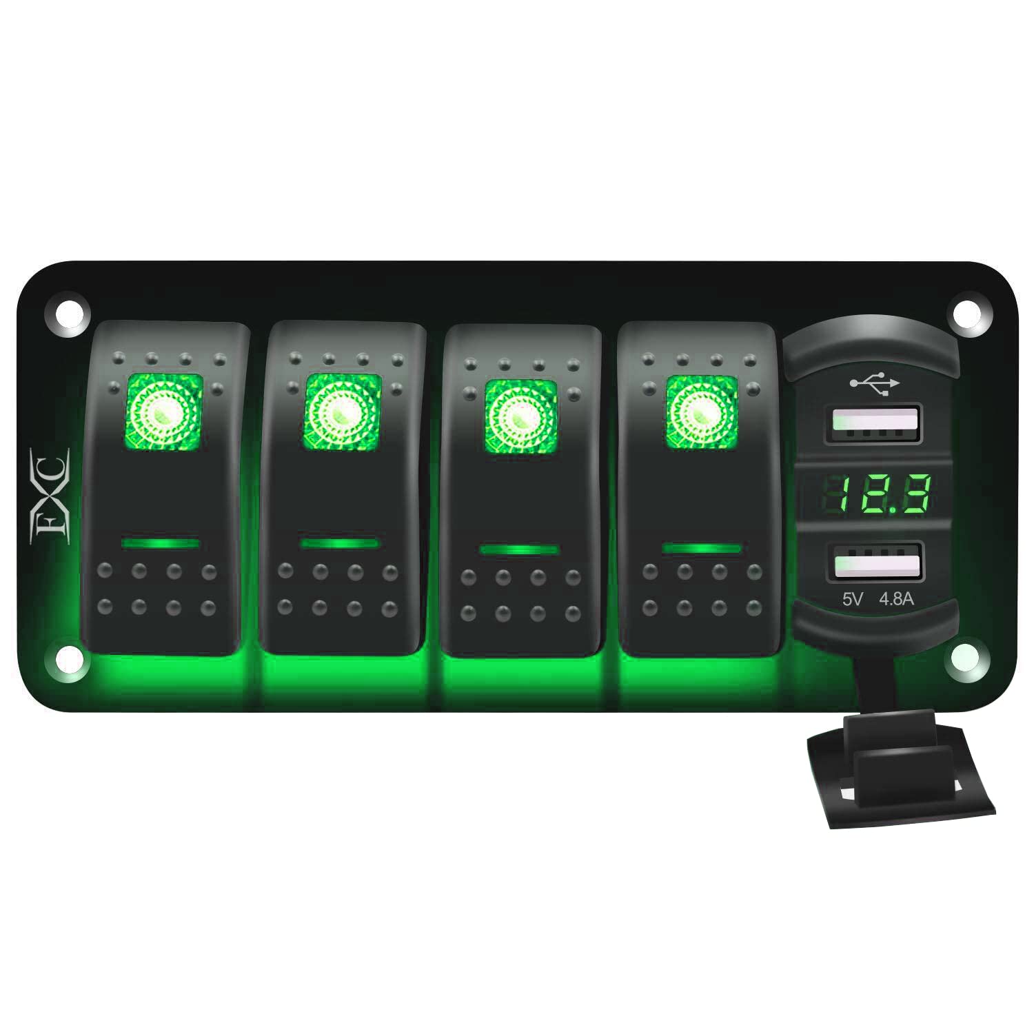 Photo 1 of FXC 12V 24V DC 4 Gang Rocker Switch Aluminum Panel with Voltmeter & Dual USB(4.8 A) Fast Charging, Green Backlit Led, Pre-Wired Waterproof for Marine, Boat, Car, Truck, Polaris, Jeep (Green)