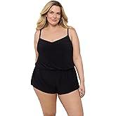 Aqua Green Womens V-Neck Blouson Slimming Swim Romper with Pocket