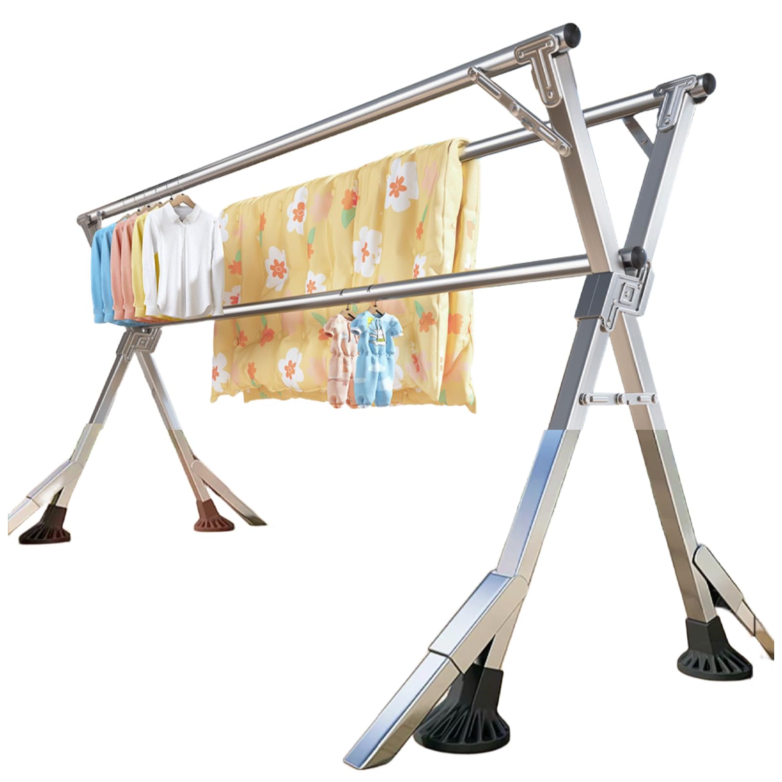 Photo 1 of 95 Inches Clothes Drying Rack Clothing Windproof Design, Heavy Duty Stainless Steel Laundry Drying Rack Folding Indoor Outdoor, Foldable Portable Clothing Racks for Hanging Clothes, 20 Hooks 12 Clips