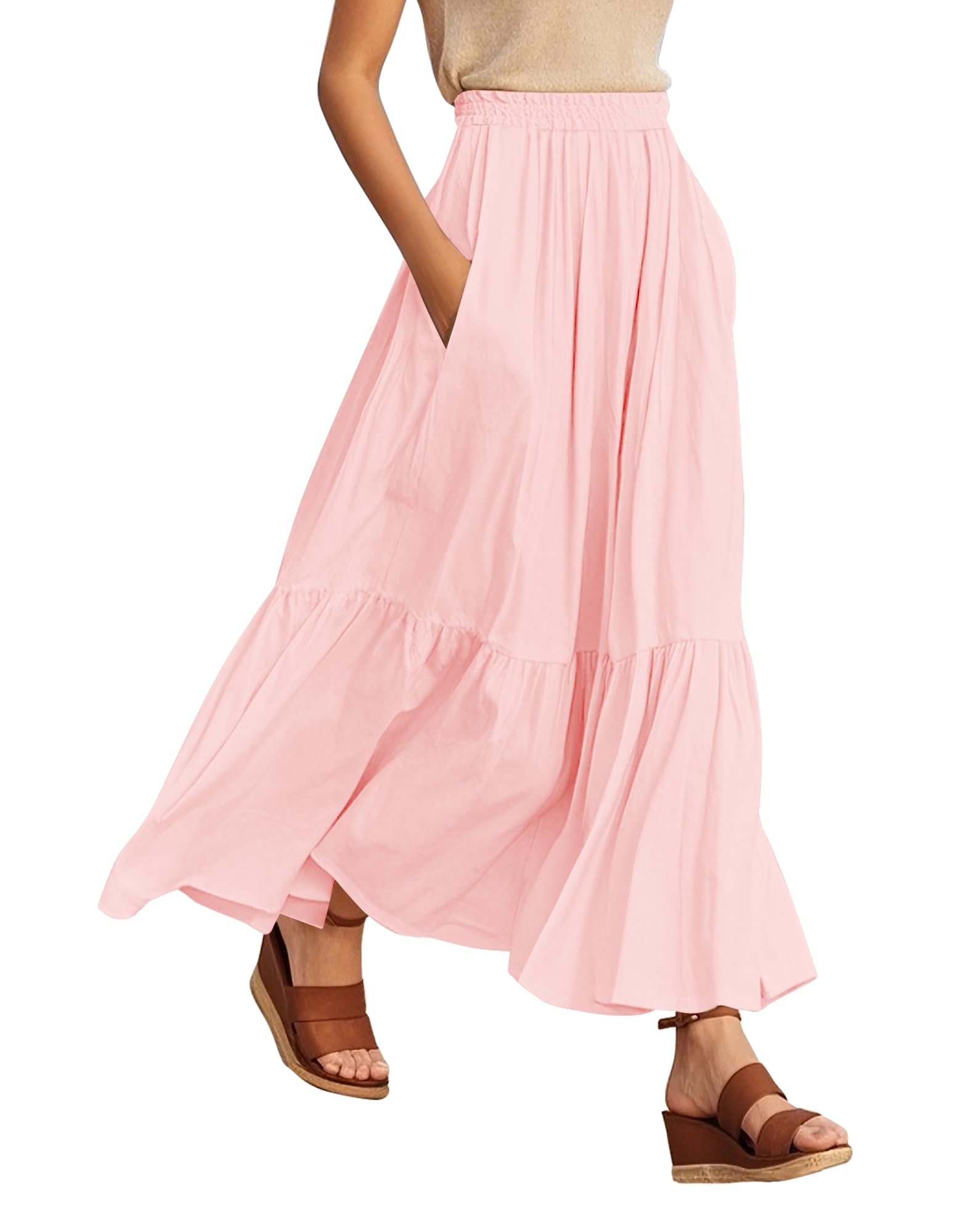 Photo 1 of Urban CoCo Women's Boho Flowy Maxi Skirt Elastic Waisted A-Line Summer Beach Skirts with Pockets(Light Pink,L)