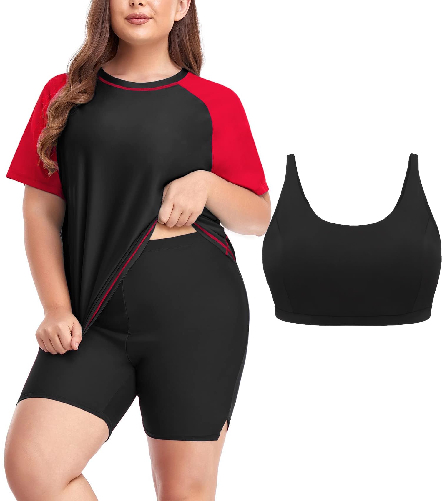 Photo 1 of ++DIFFERENT COLOR+++Inno Women's Plus Size 3 Piece Rash Guard Set with Bra Swimsuits Short Sleeve with Boyshorts UPF 50+ Surfing Swimwear, Black Red with Bra,1X