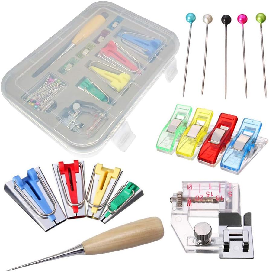 Uranbee Schrägbandformer Schrägband Werkzeug Set Kurzwaren Nähen Zubehör Edelstahl 6mm, 12mm, 18mm und 25 mm, Schrägband Nähfuß Schneiderahle Pins Stoffklammern Tape Maker Set