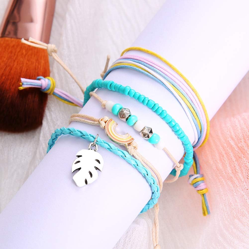FINIVE fibUNIve 5Pcs Bracelet Set, Women Tree Leaf Rainbow Charm Faux Turquoise Beaded Chain Rope Bracelet Multicolor