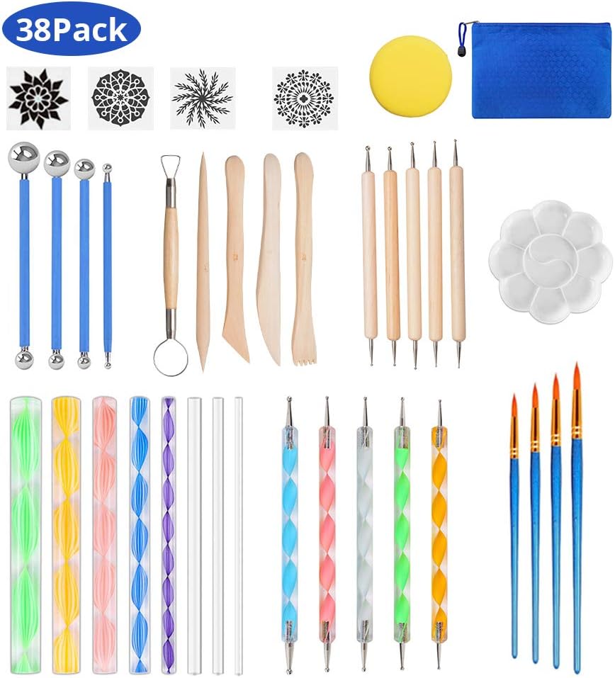 Dotting Tools for Painting Mandala, 38Pcs Painting Stencil Pottery Portable Mandala Template Stencil Kit, Ball Stylus Clay Sculpting Tools with Blue Zipper Storage Bag for Rock Art Painting, Nail Art