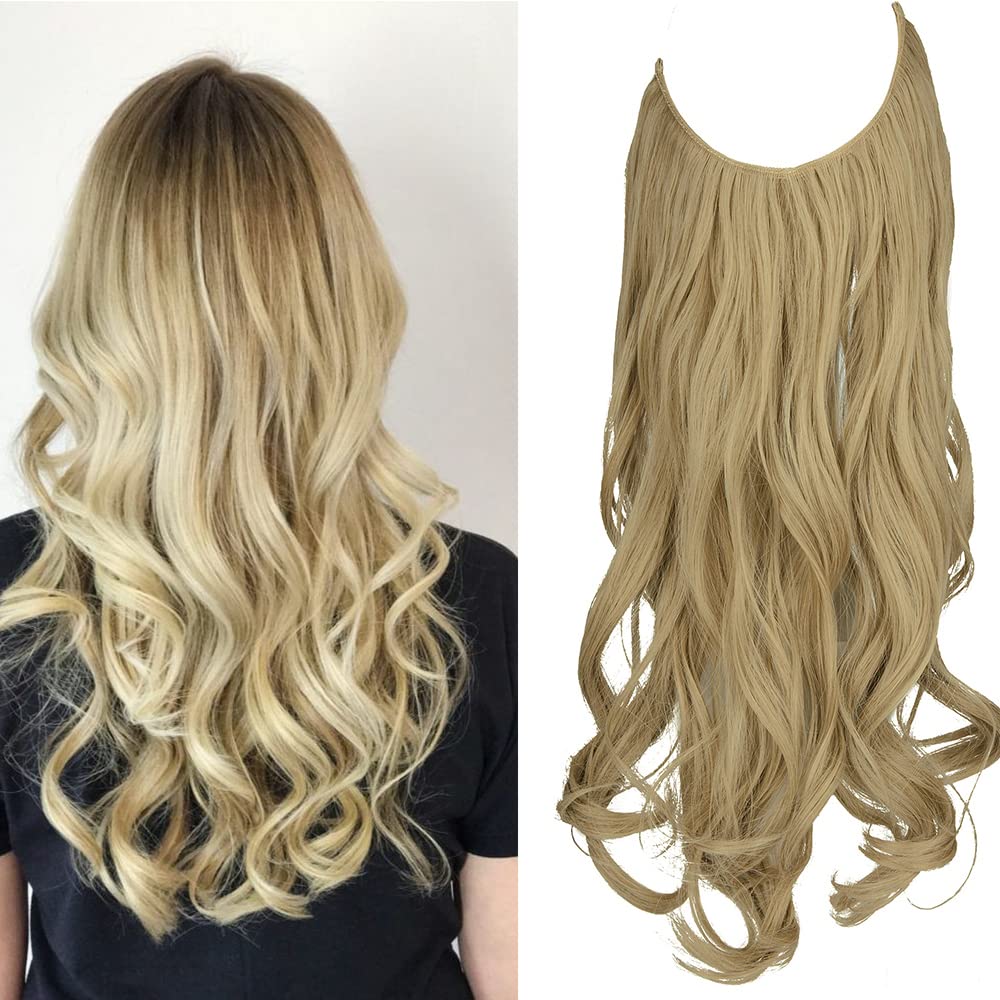 OMGREAT Highlights Halo Hair Extension Wavy Curly Long Synthetic Hair Piece Light Ash Blonde & Bleach Blonde 18Inch 4.2 Oz Transparent Wire Headband for Women No Clip