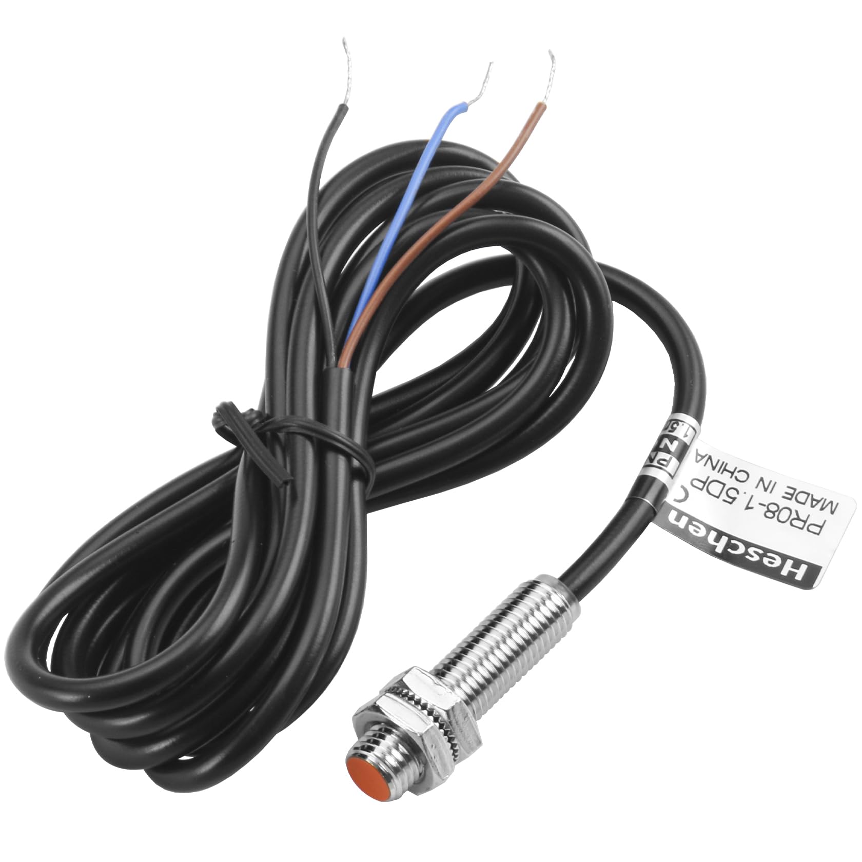 Heschen PR08-1.5DP Sensor Switch, 12-24V DC 3-Wire PNP NO, M08 Diameter, 1.5mm Sensing Distance, IP67, CE, Brass Nickel Plated, 1.5 kHz, -25 to 70°C