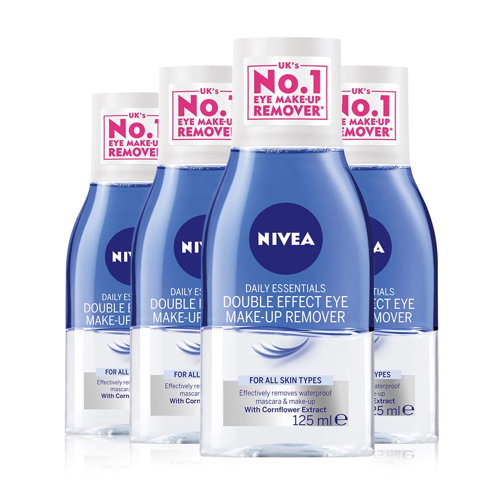NIVEA Double Effective Eye Make-up Remover Pack of 4 (4 x 125ml) Powerful Face Cleanser Removes Waterproof Mascara, Double Action Face Wash, Eye Make Up Remover