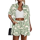 RITERA Womens Plus Size 2 Piece Outfits Cotton Linen Set Button Down Short Sleeve Shirt Drawstring Shorts Beach Vacation Sets