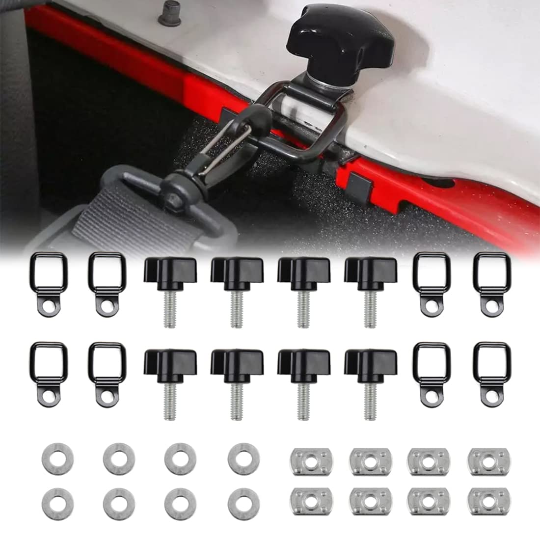 8pcs/set Hard Top Quick Removal Fastener Thumb Roof Screw + Nut + Washer + Tie-down D-rings Anchors Suitable For 1995-2016 Wrangler JK YJ TJ JKU Sports/Sahara/Freedom/Rubicon X