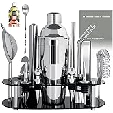 Cocktail Shaker Set Bartender Kit with Stand - 16 Piece Bar Tool Set Drink Mixer Set Includes : 25oz Shakers, Jigger, Strainer, Mixer Spoon, Muddler, Liquor Pourers, Straw (Silver)