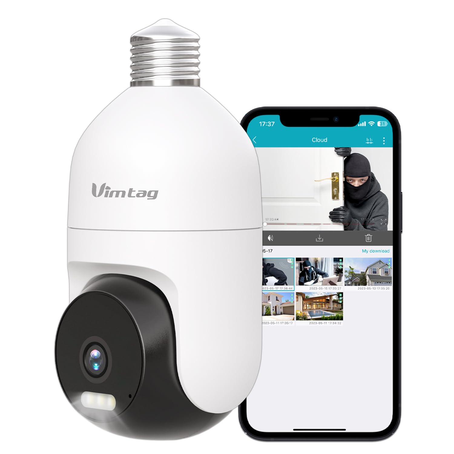 Photo 1 of VIMTAG Light Bulb Camera, 3.5K/6MP 360° Outdoor/Indoor Light Bulb Security Camera with Spotlight/Night Vision/PTZ/Speaker/2-Way Talk/Phone App/IP/Human/Sound/Motion Detection for Pet/Home Security