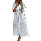 utcoco Summer Dresses for Women 2025 Casual Loose Split Long Sleeve Button Down Maxi Shirt Dress