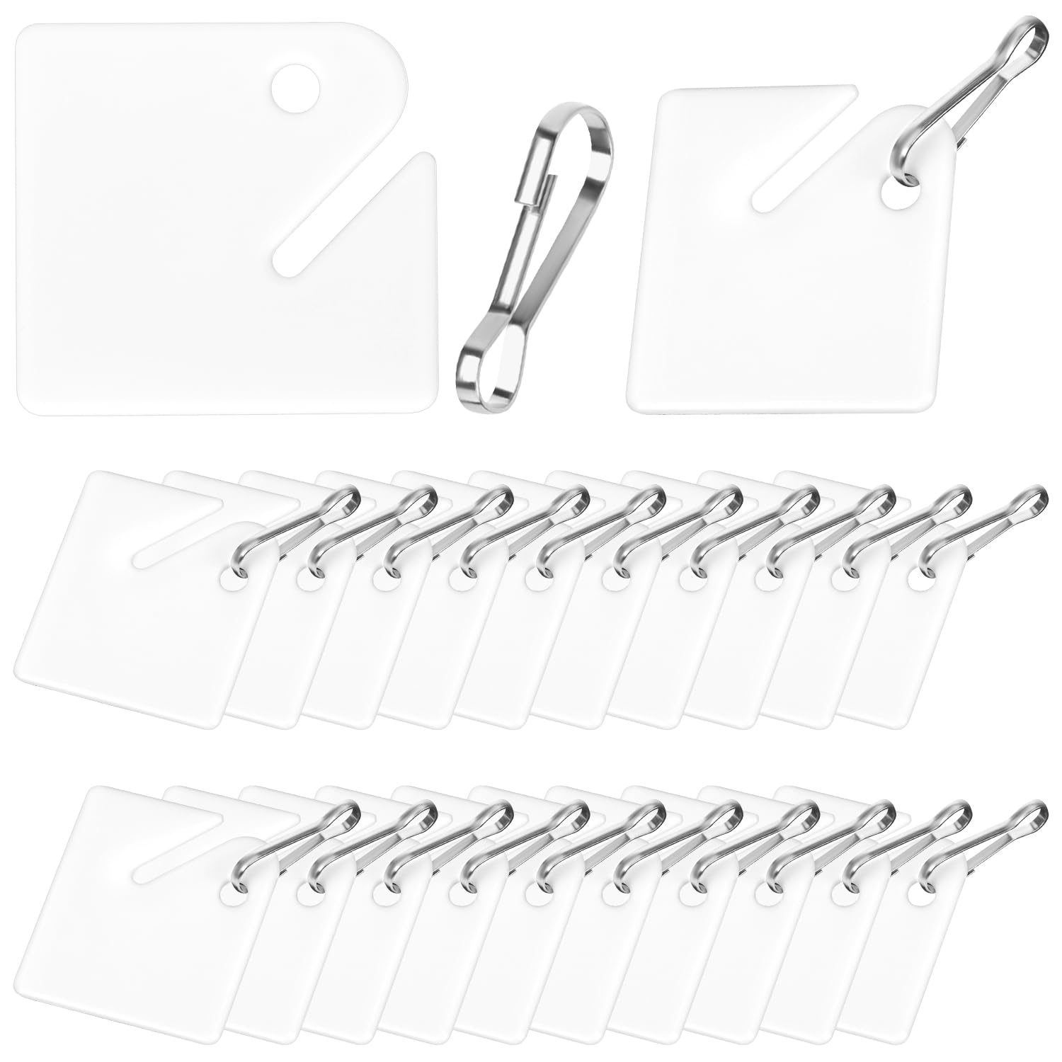 PEUTIER 100pcs Key Tags, Slotted Plastic Hanging Tags with Metal Snap Hooks White Key Tags Blank Square Key Tags Identifiers for Key Cabinet Boxes Lockers for Home, Offices, Garages