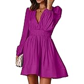 FAIABLE Mini Deep V Sexy Long Sleeve Dress for Women A-line High Waisted Casual Flowy Dress for Cocktail Wedding Guest
