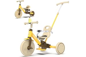 RIDYEE 5-in-1 Kids Tricycle for Toddlers 1.5-3, Tool-Free Convertible Kids Push Trike to Balance Bike, Safety Belt, Removable Backrest and Footrest, Ride-On Toy for Boys & Girls, Yellow