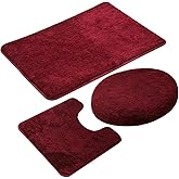 3 Pieces Bathroom Rug Set,Non-Slip Bath Mats for Floors,Ultra Soft, Absorbent and Comfortable U-Shaped Contour Rug, Floor Mat and Toilet Lid Cover (Wine Red)