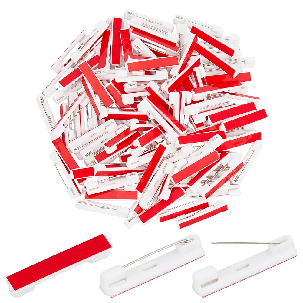 PandaHall Elite 120 pcs Plastic Safety Pins with Adhesive Brooch Base and Iron Pin for ID Badges Nametags and DIY Craft Making, Red