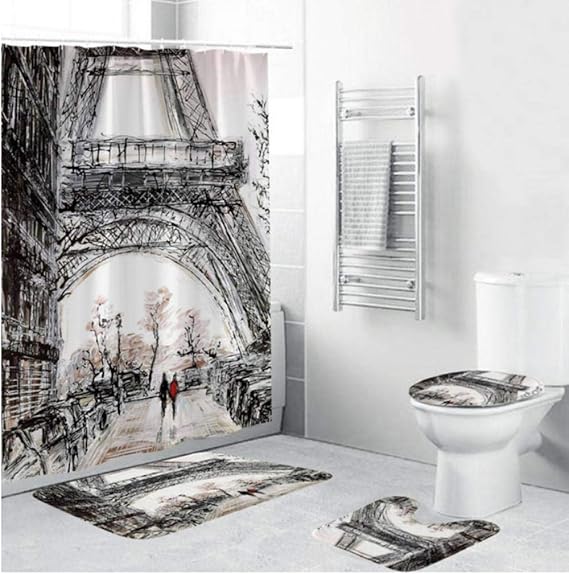 4 Pieces/Set Paris Eiffel Tower Scenery Shower Curtain Waterproof