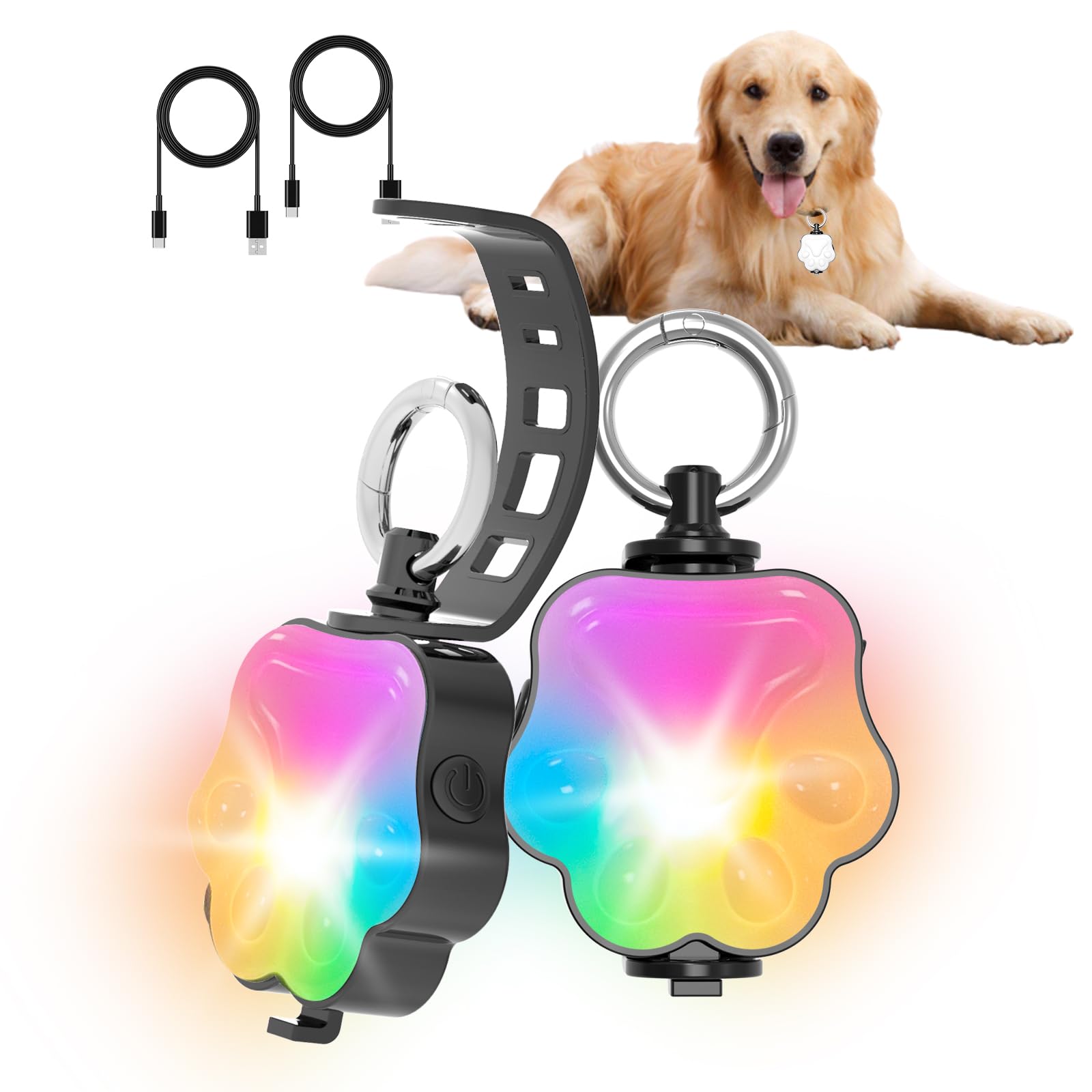 flowlamp 2 Pack Dog Lights for Night Walking, 4 Modes Rechargeable Dog Collar Light for Nighttime Clip On, IP65 Waterproof and Durable Silicon Band Safety Lights for Pet Collar