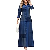 Women's Casual Boho Maxi Shirt Dress Long Sleeve Button Down Floral Patchwork Loose Fit Long Dress with Pockets
