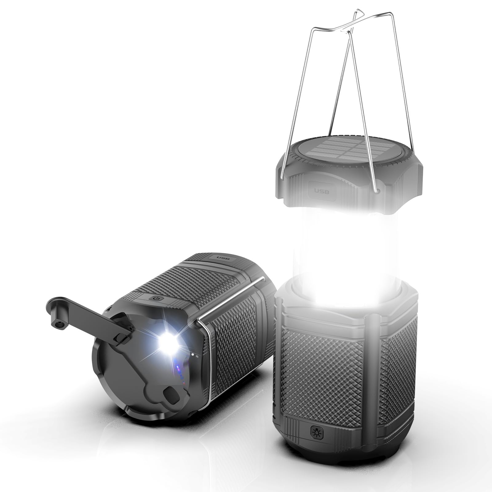Camping Lantern Rechargeable Camping Lights with Solar Hand Crank and LED Flashlight Telescopic Portable for Outdoor and Tent Emergencies