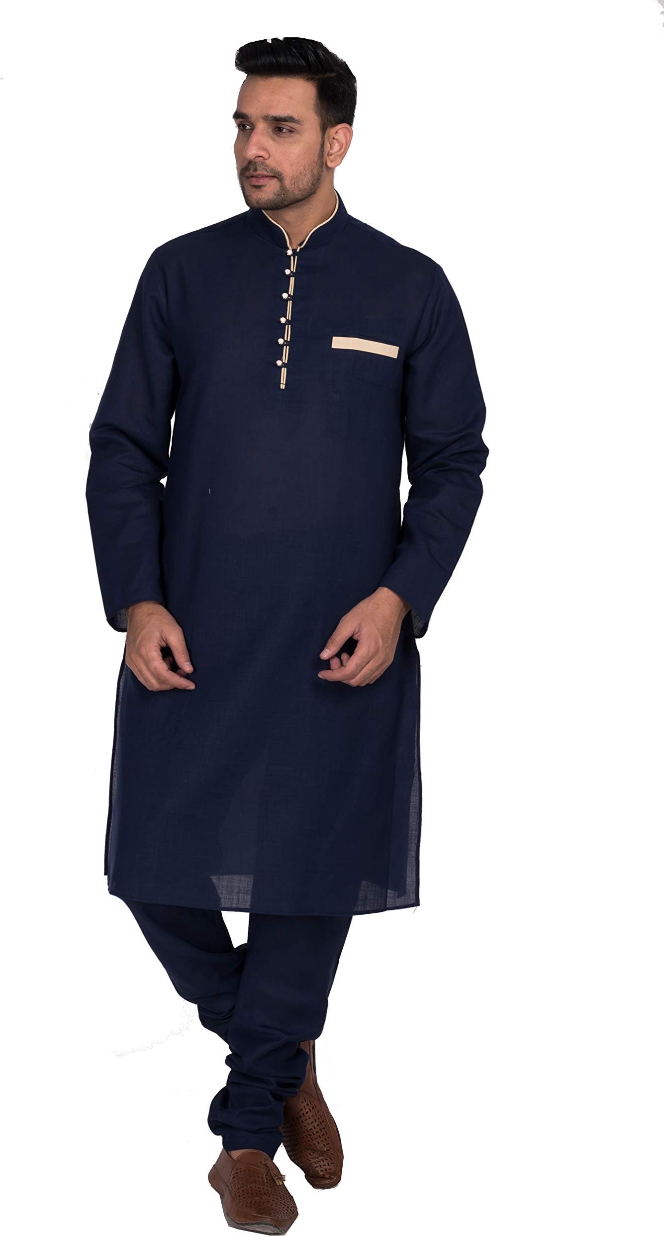 inTrend Men's Cotton Linen Navy Blue Kurta Pyjama Set