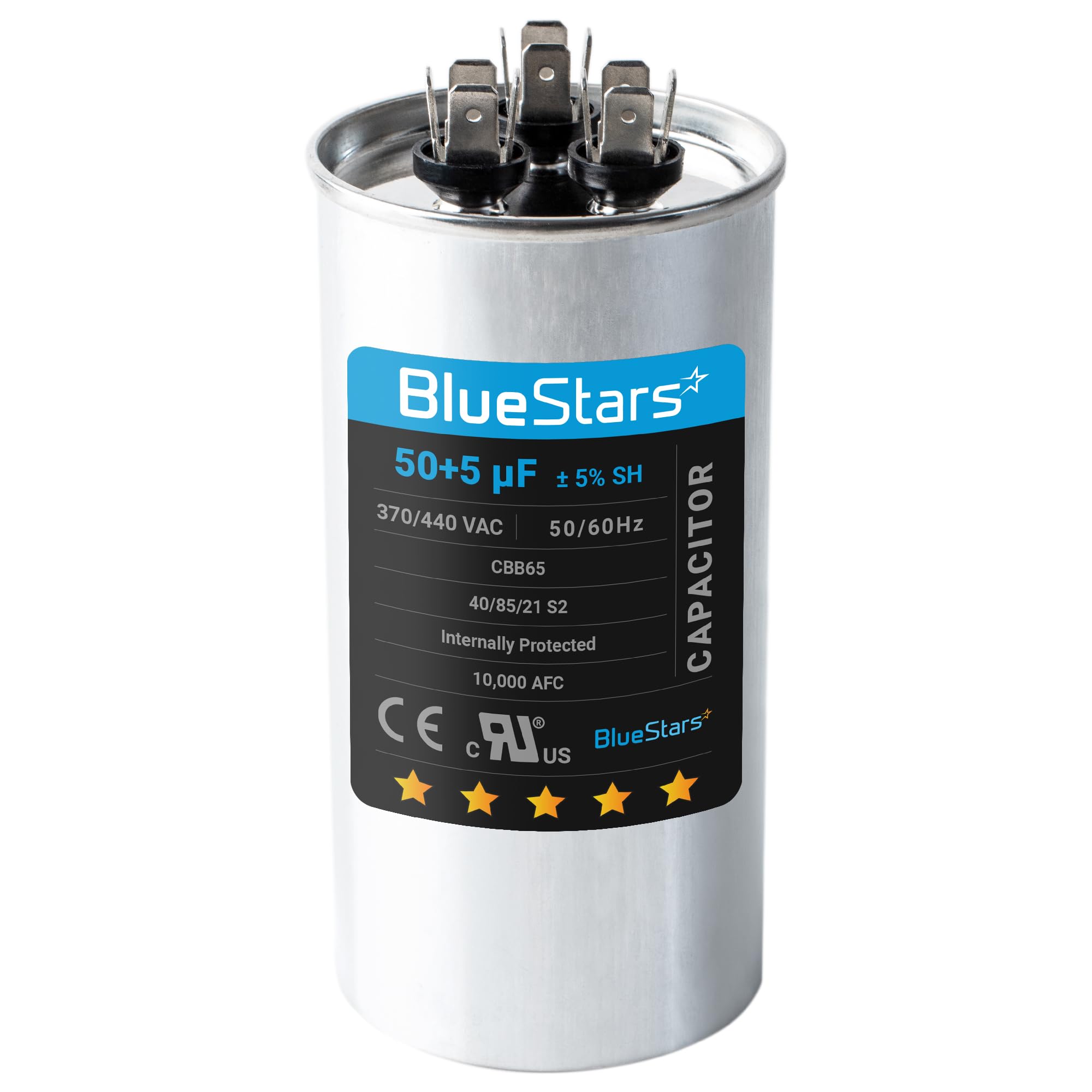 Photo 1 of [UL Certified] BlueStars 50+5 MFD 50/5 uF 370 or 440 Volt VAC Dual Run Start Round AC Capacitor Replacement Part - Fit for Condenser Straight Cool Heat Pump Air Conditioner, Replaces 97F9850 97F9970
