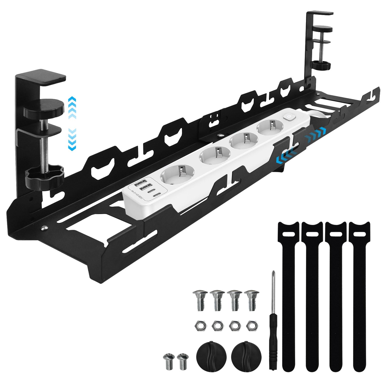 YTACREA Under Desk Cable Management, Expandable 40-74cm Cable Tray No Drill, Under Desk Cable Management Tray, Under Desk Cable Organizer for Office Home, Black