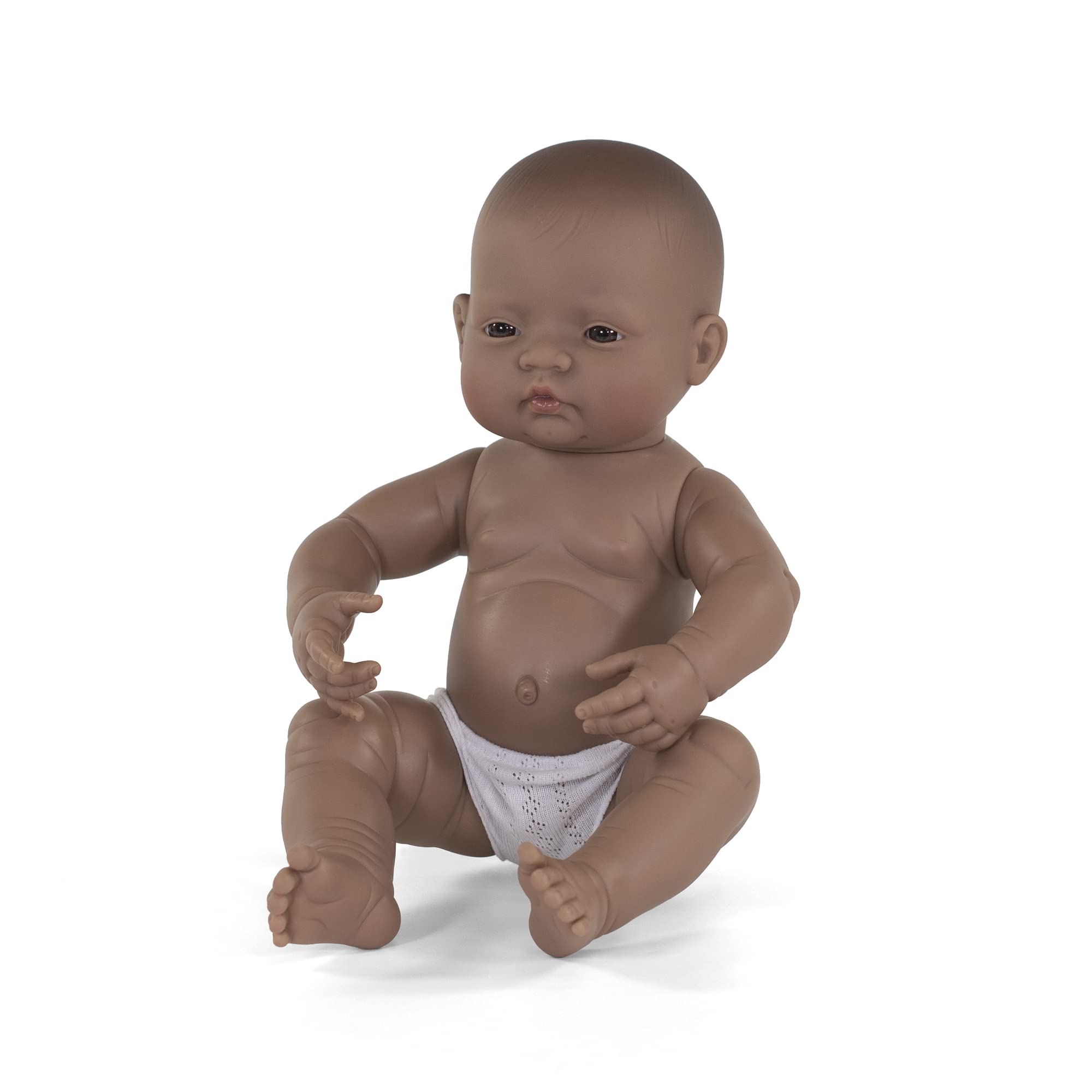 Miniland newborn doll Hispanic girl without underwear is soft vinyl, resilient and flexible. 40 cm