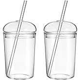 Angoily Iced Cup, 2 PCS Glass Coffee Cups with Lids and Straws 15oz Drinking Glasses Can Shaped Tumbler Cute Tumbler, Household Clear Beverage for Cocktail, Whiskey