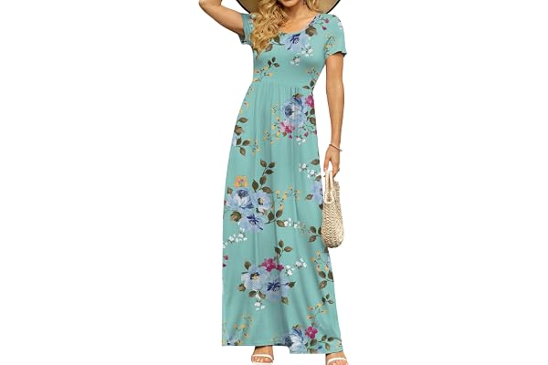 DB MOON Women's Summer Maxi Dress Casual Short Sleeve Empire Waist Pockets | Long Dress, Pockets, Casual Short Sleeve