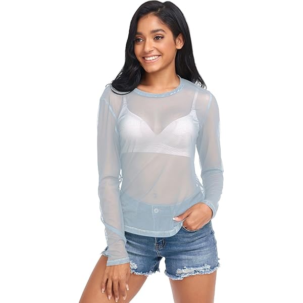Alice Blue Women's Long Sleeve See Through Mesh Sheer Top Blouse