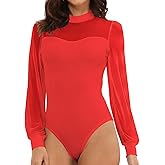 EKAMO Womens Bodysuit Mock Neck Sheer Mesh Long Sleeve Tops Ribbed Sexy Bodysuits Jumpsuit