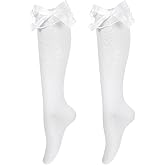 LIQWEI 1 Pairs White Ruffle Socks For Women, Cotton Knee High Sock With Lace Ruffle Bow, Bow Long White Socks for Daily Wear School Dating Dance