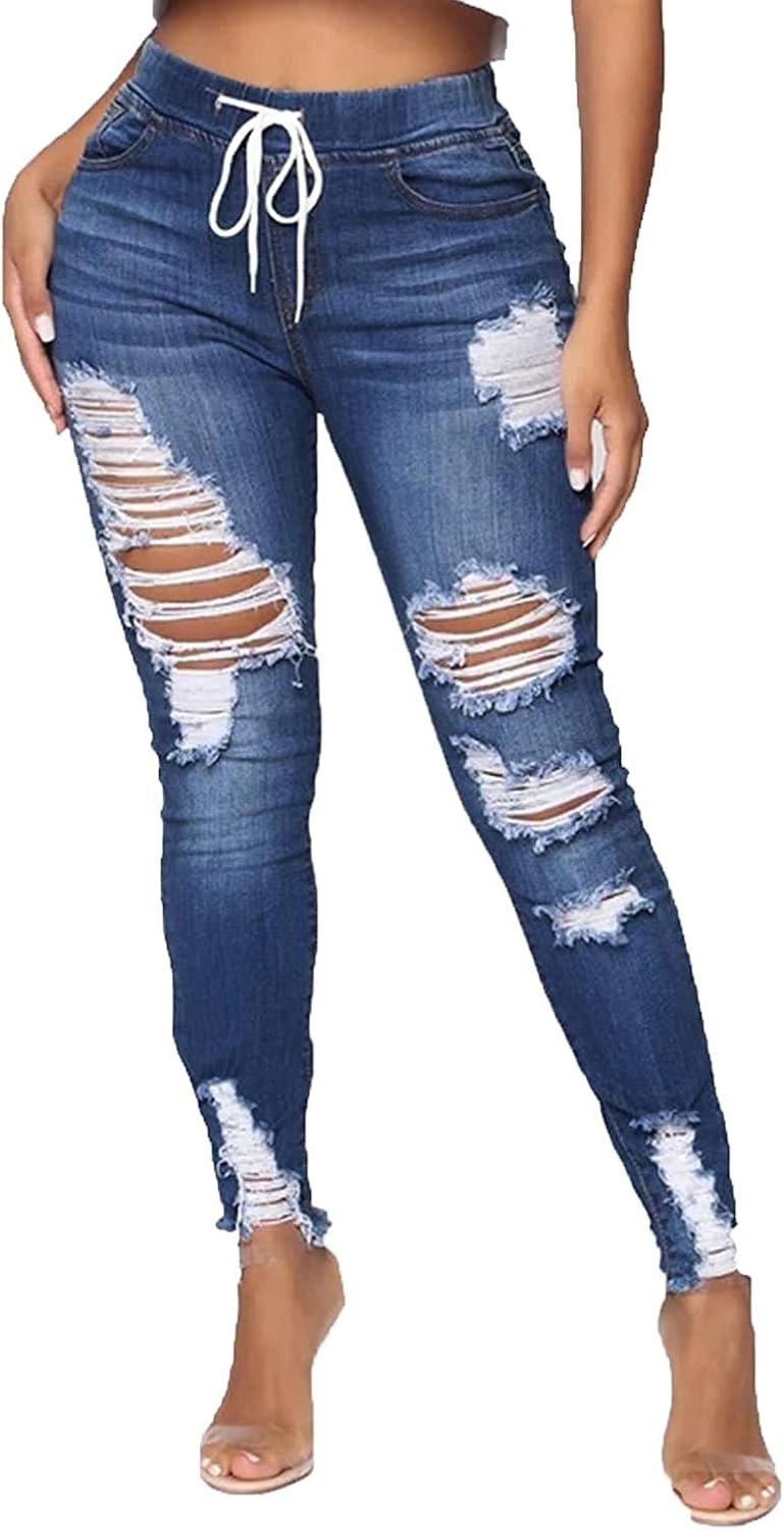 Emeng Women High Waist Skinny Stretch Ripped Jeans Destroyed Drawstring