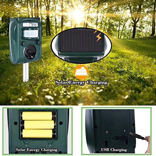 Ultrasonic Pest Repeller, Wikoo Solar Powered Waterproof Outdoor Animal Repeller with Ultrasonic sound and Flashing Light, Activated by motion - Very Effective for Cats, Dogs, Squirrels, Moles, Rats - Thumbnail 5