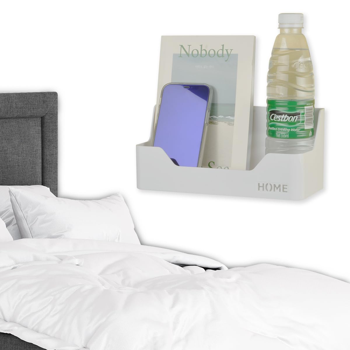 OKOMATCH Bedside Shelf - Stick On Wall Mounted Bed Room,Dorm,Office Adhesive Floating Caddy Organizer/Holder for Glasses,Remote Control,Keys,Pens - Plastic Material- White(Type C£©