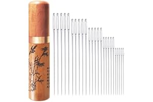 ELCPROCY Large Eye Sewing Needles, Embroidery Needles, Stainless Steel, 25 Pieces Sharp Needles with Wooden Needle Case Carving Pattern