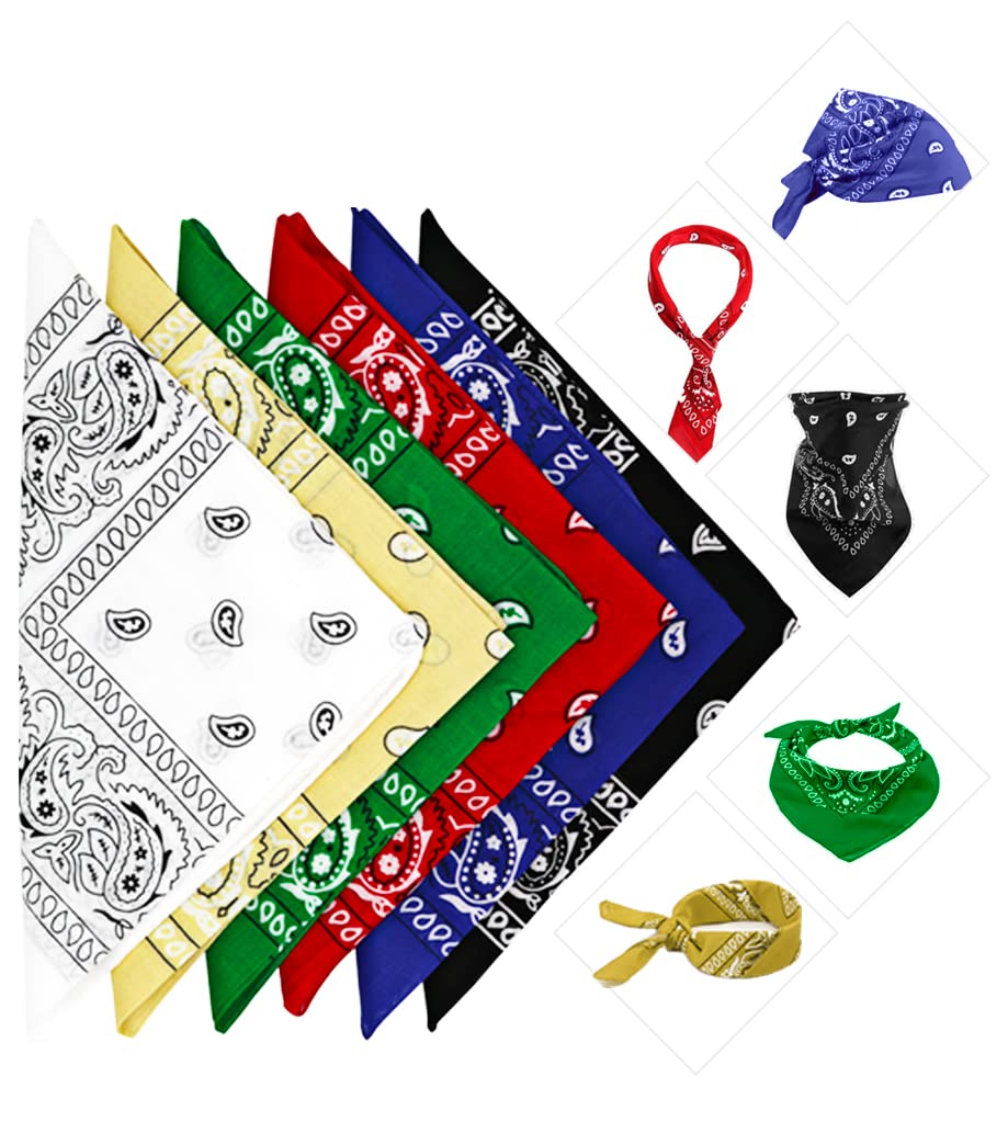 Bandanas Cotton Paisley 6 PACK for Men & Women | MULTIPURPOSE Scarf, Headband, Face cover | Black, White, Red, Navy Blue, Cream and Green Bandana