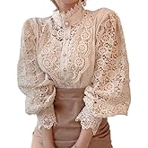 Women Vintage Lace Floral Shirt Elegant Boho Button Down Long Sleeve Victorian Blouse Dressy Casual Fashion Top