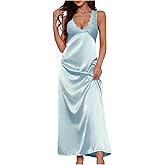 WDIRARA Women's Lace Backless Sexy Long Satin Sleepwear Deep V Neck Sleeveless Nightgown