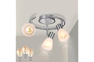 HiBay 3-Light Ceiling Light Fixture, Modern Sliver Adjustable LED Track Lighting Round Spot Lights, Directional Spotlight with Glass Shade for Kitchen Bedroom, Incl 3× 4W E12 Bulbs