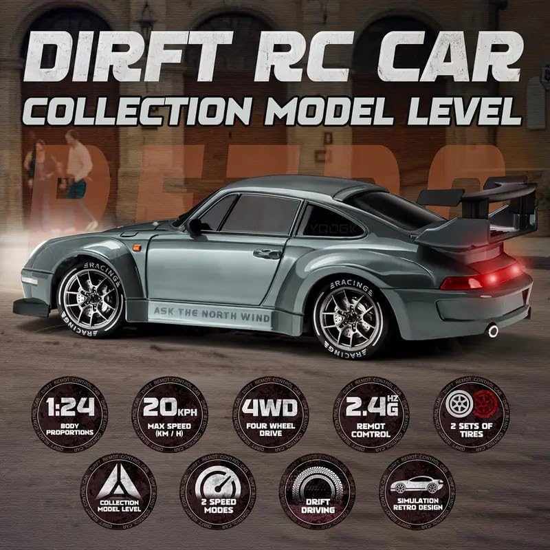 ORCHID M® Ultimate 1:24 Scale RC Drift Car Rechargeable,4WD with Lights, Tires and Obstacle Tool for Young/kid/Adults,Customizable Drift Course High-Speed Remote-Control Racing Car (Dark Grey)