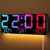 Koovind 16" Large Digital Wall Clock, Corded RGB LED Clock for Classroom | Temp, Seconds, Countdown with Remote Control, USB Powered, Large Display, Living Room, Gym, Elderly, Wall Mounted, Auto DST
