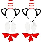 Fahacop 6 Pieces Cat Hat Costume Set with Striped High Top Hat Cat Ear Headband Red Bow Tie and White Gloves for Halloween Book Day Costume Cosplay