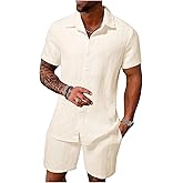 RoseSeek Men's Short Sets 2 Piece Outfits Button Down Linen Shirts and Short Sets Summer Beach Outfis