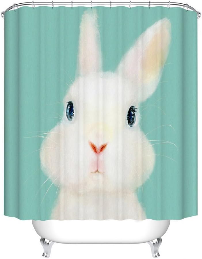 Shower Curtain Art Bathroom Decor White Rabbits - Polyester Fabric Bath Curtains Set - 12pcs Shower Hooks - 72 x 72 inches