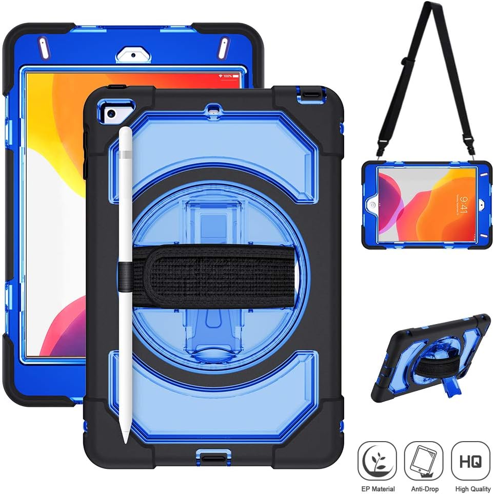 SUPFIVES iPad Mini 5 Case 2019/ iPad Mini 4 Protective Kid Case Heavy Duty with Adjustable Hand Strap+Shoulder Strap+Pencil Holder+Kickstand for iPad Mini 5th Generation and Mini 4 (Blue+Black)